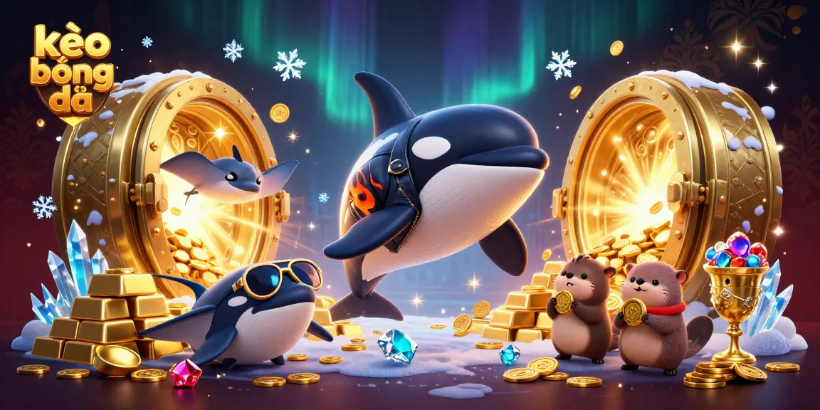 Engage in kèo bóng đá action with a colorful scene featuring an orca, stingray, and otters amidst gold treasures.