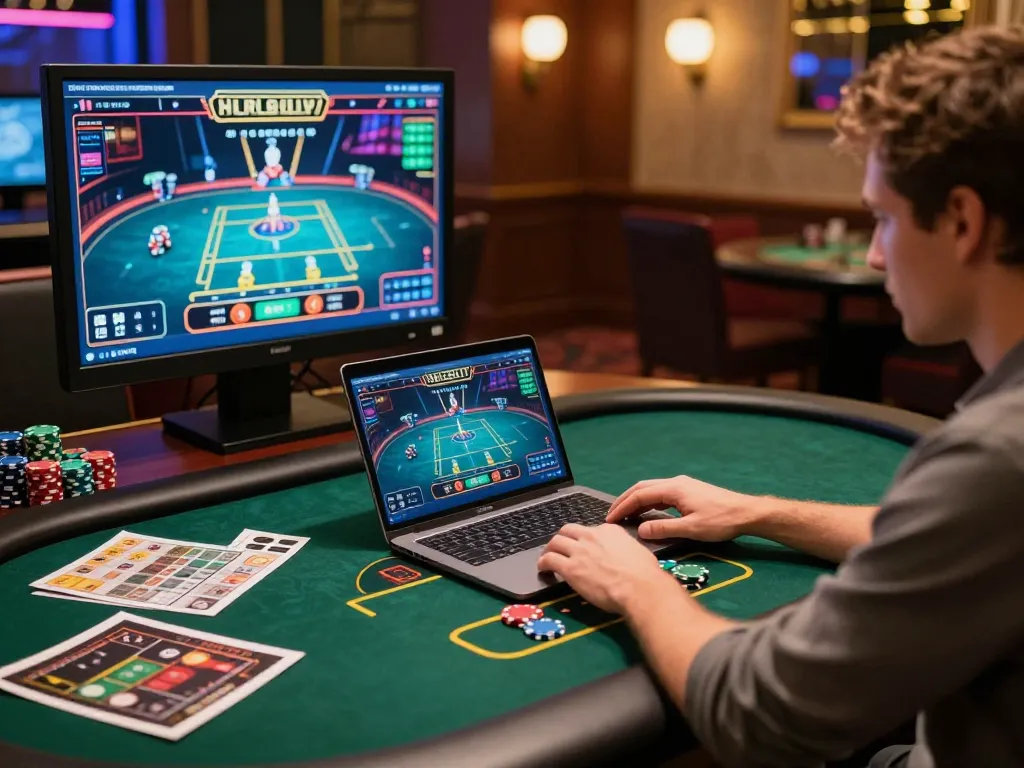 A player engaged in online gambling showcasing nhacaiuytinn with poker chips and gaming devices.