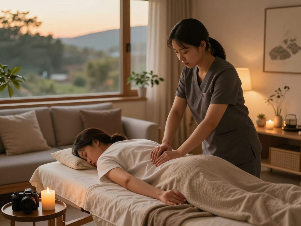 Relaxing 강남출장마사지 scene with a professional therapist at home, calming atmosphere with essential oils and soft lighting.