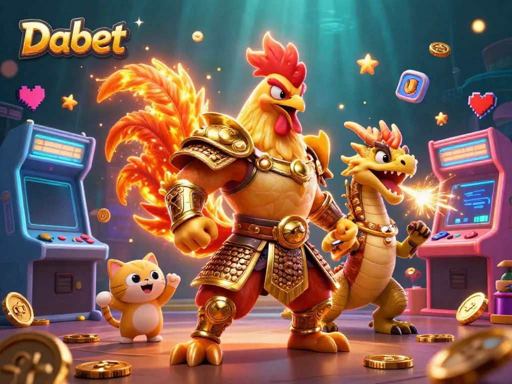 Dabet offers a vibrant online gaming experience with 3D characters and casino elements in a dynamic scene.