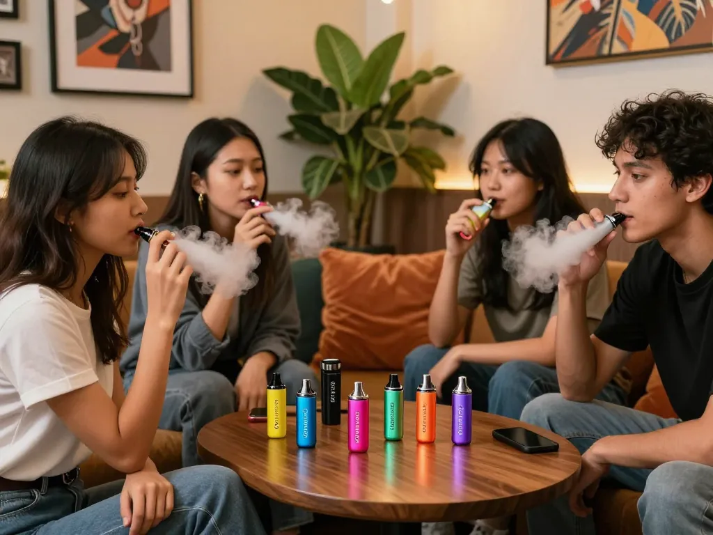 Enjoying Clean Carts Disposable with friends in a cozy lounge setting, showcasing vibrant flavors and a warm atmosphere.