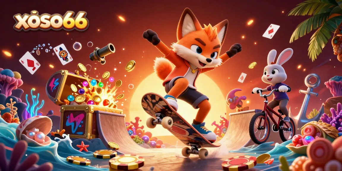 xoso66 casino scene with a skateboarder fox and BMX rabbit surrounded by exciting gambling elements