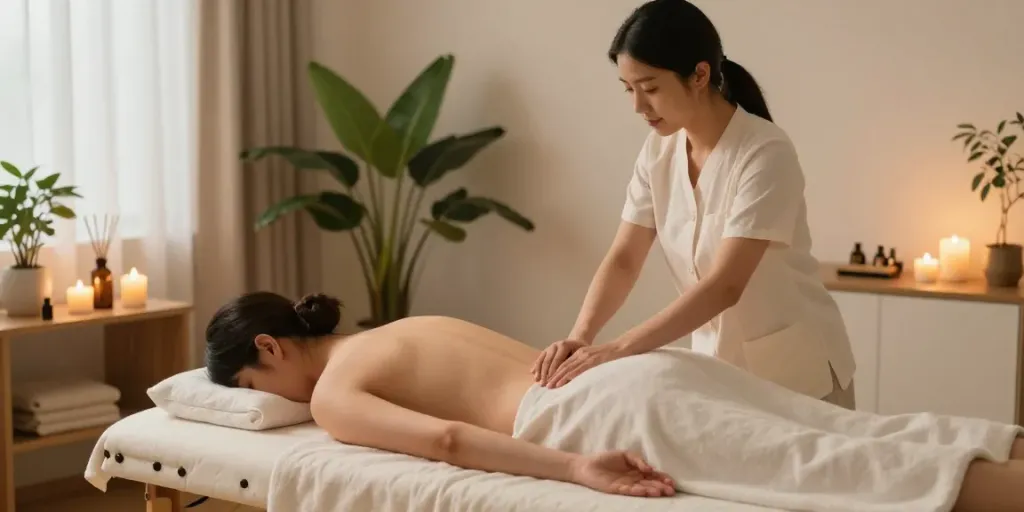 Experience a soothing 방이동출장안마 in a cozy, tranquil setting with warm lighting and calming elements.