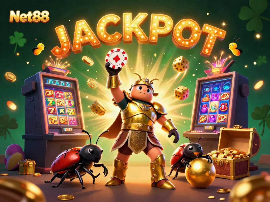 Experience the excitement of Net88 with a victorious beetle lifting a poker chip amid casino elements.