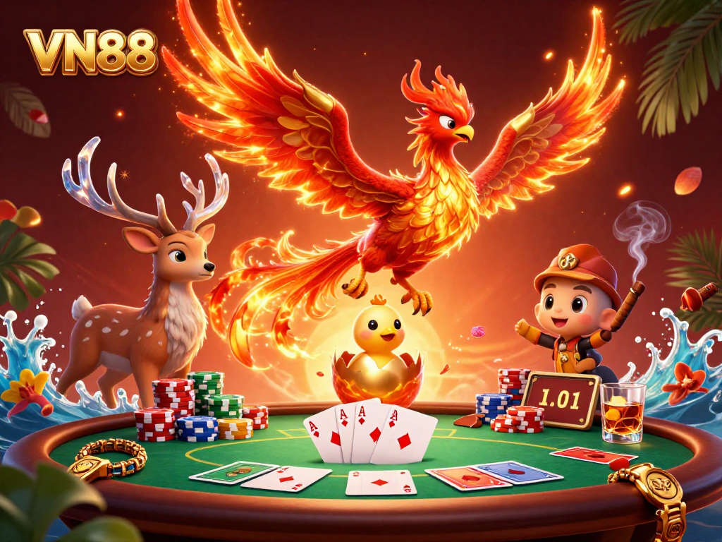 Experience thrilling moments at VN88 with an epic fire phoenix illustration representing the spirit of gambling.