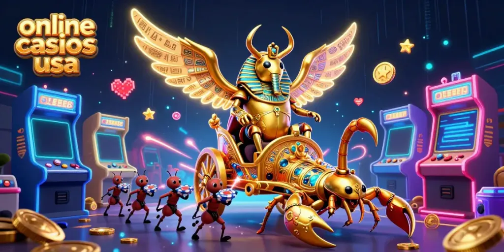 Engage with online casinos usa in a vibrant 3D scene featuring a colossal scarab beetle, energetic scorpions, and arcade elements.