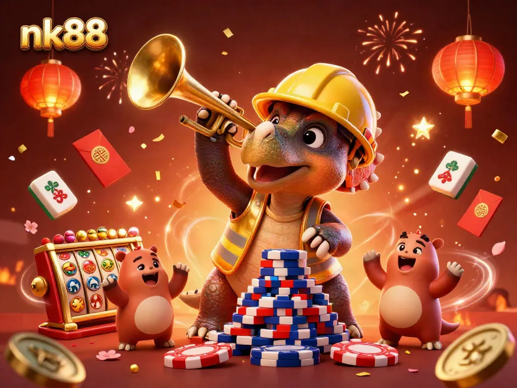 Engaging scene featuring nk88 with a triceratops building poker chips, celebrating the thrill of online gaming.