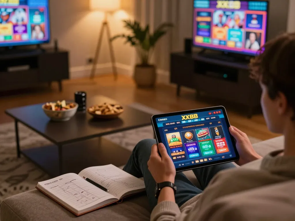 Engaged player using the xx88 app on tablet while enjoying a cozy home setting.