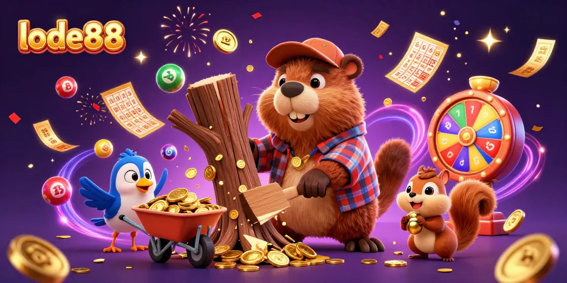 lode88 engages players with colorful lottery elements and golden rewards in a vibrant casino scene