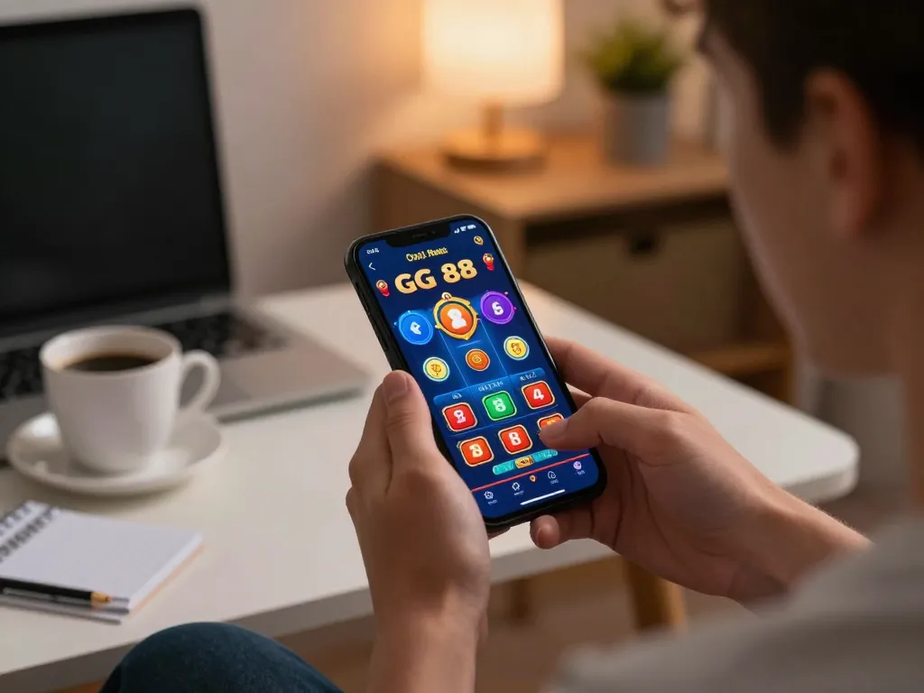 Engaging player using GG 88 casino app on smartphone, surrounded by cozy home environment with warm lighting.