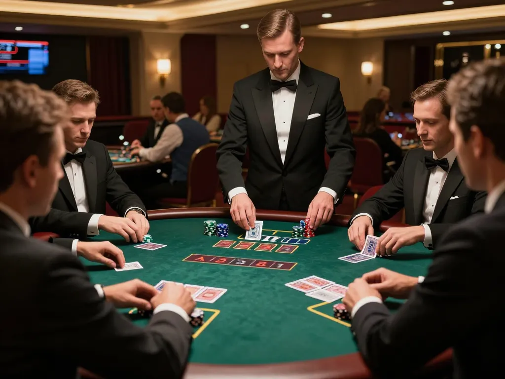 cm88seo players strategizing at an elegant blackjack table in a luxurious casino setting