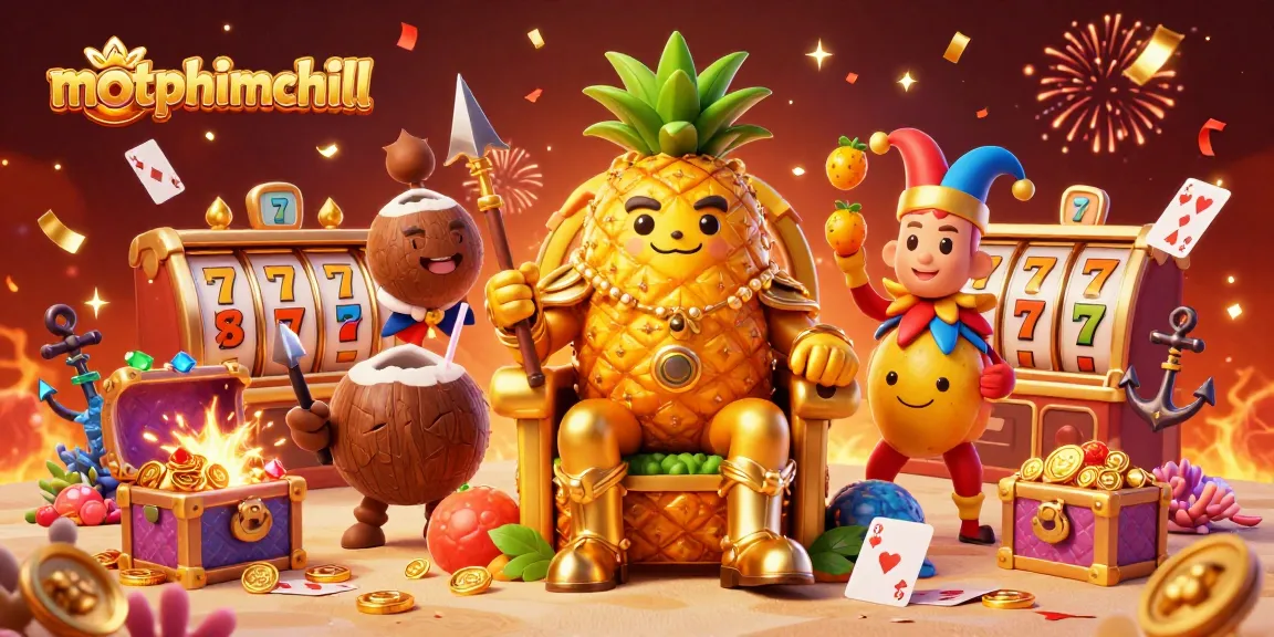 Experience the thrill of motphimchill with an animated scene of a golden pineapple king amidst vibrant casino elements.