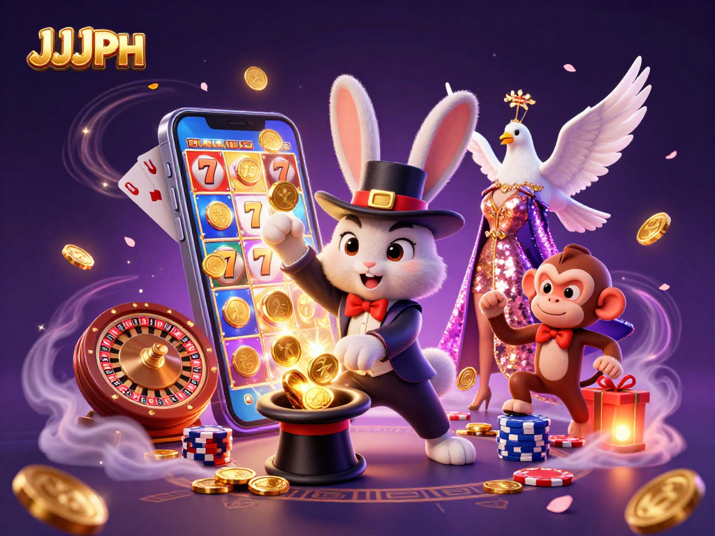 Experience the thrill with JJJPH as a magician rabbit pulls coins and a dove assists.