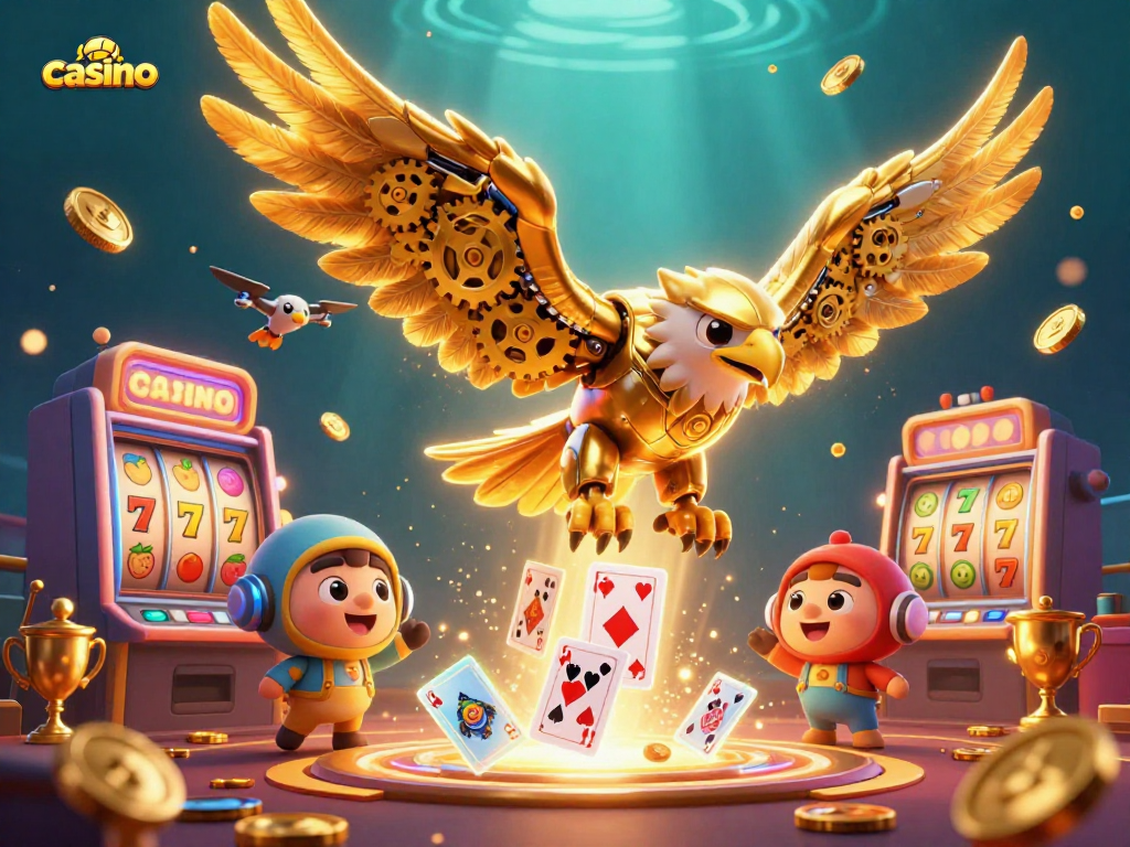 Experience thrilling casino action with a flying cybernetic eagle and dynamic slot machines.
