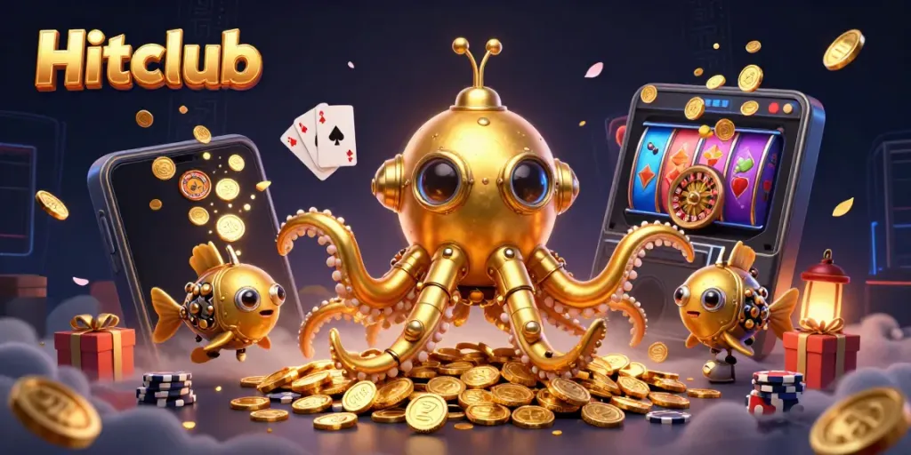 Engage with Hitclub’s thrilling slot games, amidst golden coins and a kraken submarine.