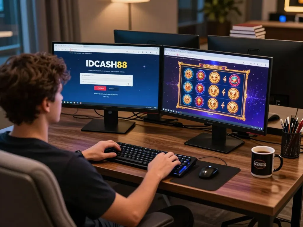 IDCASH88 Login on a dual monitor setup for online gambling, showcasing slots and strategy.