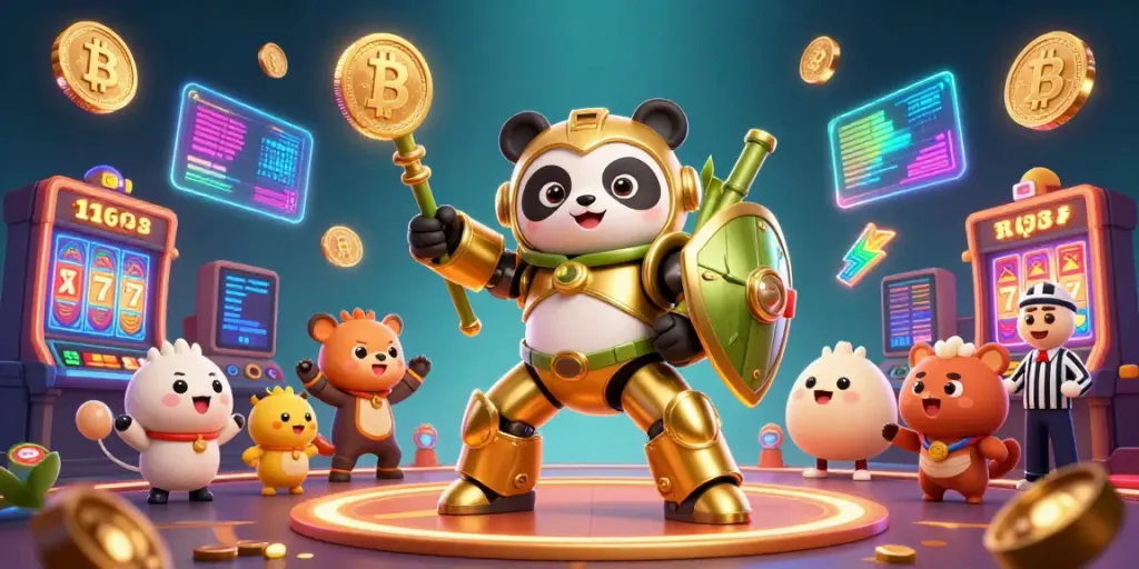 Experience winning strategies at SUNWIN's vibrant casino arena with unique elements like Bitcoin coins and golden panda.