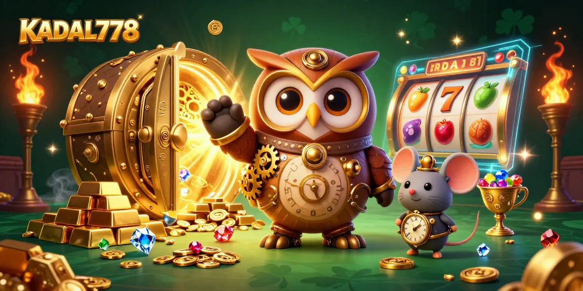 KADAL778 showcases a dynamic 3D scene blending steampunk aesthetics with vibrant casino elements, featuring slot reels and gems.