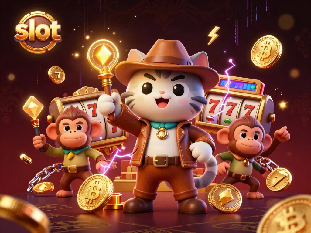 Spin slot reels with a cat archaeologist uncovering casino treasures in a dynamic 3D scene.
