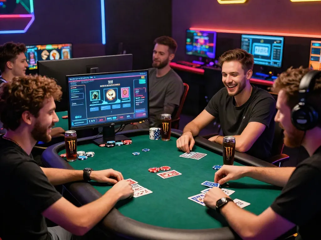Engaging group of friends playing online poker at https://hitclub3.io/ surrounded by colorful LED lights and gaming setup.