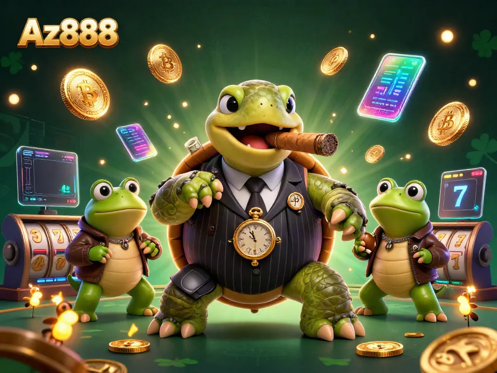 Az888 online casino featuring a snapping turtle and bullfrog enforcers celebrating with slot machine elements and cryptocurrency symbols.