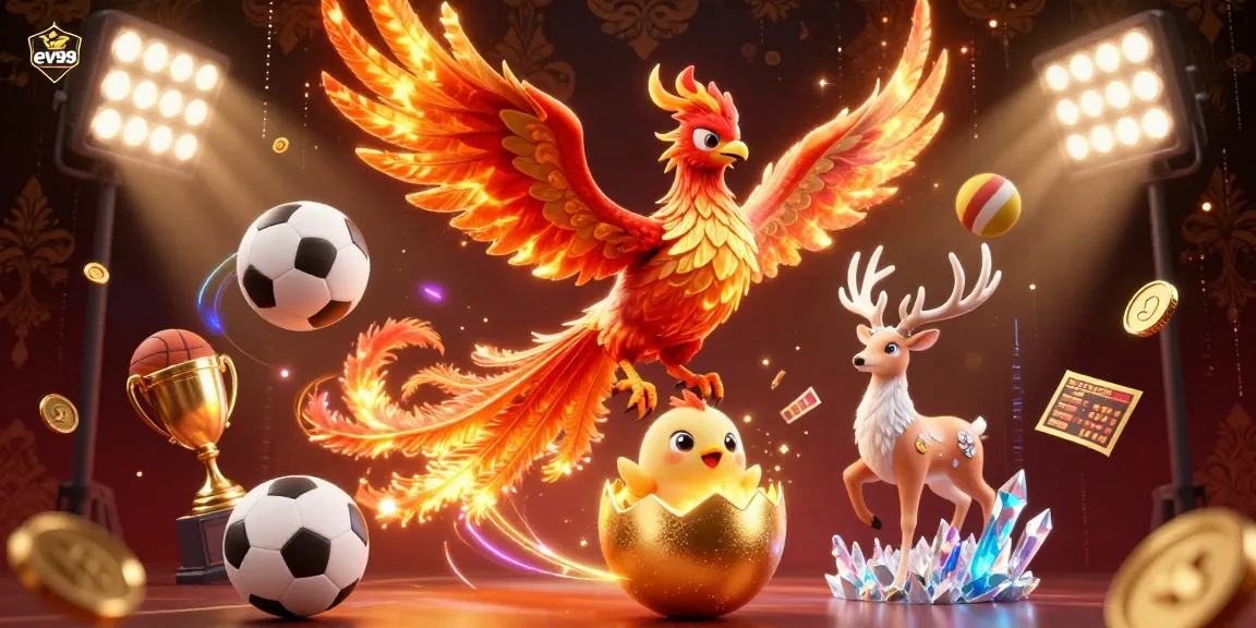 Experience thrilling sports betting action at ev99 with a vibrant phoenix illustration symbolizing luck and fortune.