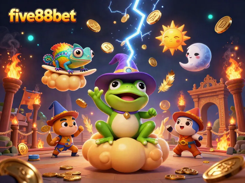 Experience the thrill of five88bet with a whimsical illustration featuring magical characters and dynamic casino elements.