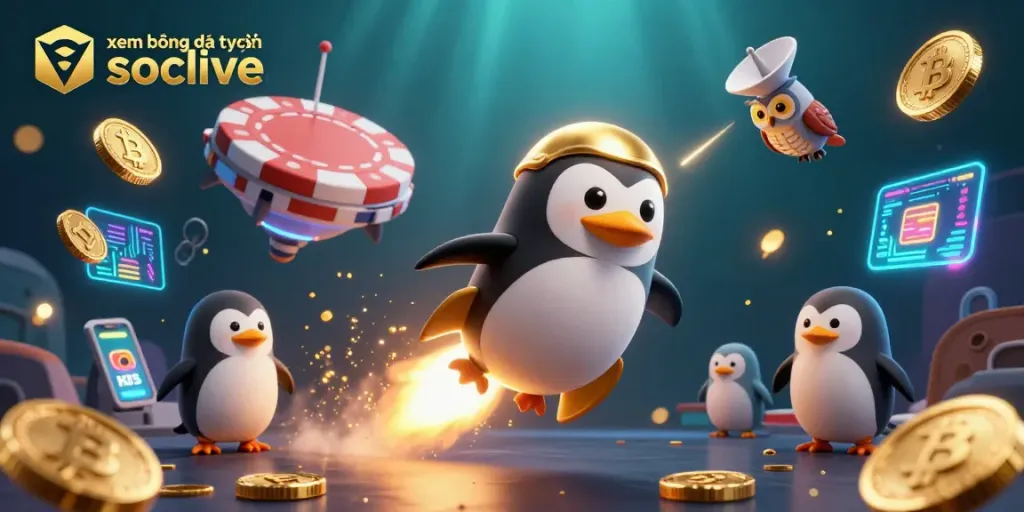 Experience xem bóng đá trực tuyến socolive with engaging visuals of a golden penguin and casino elements.