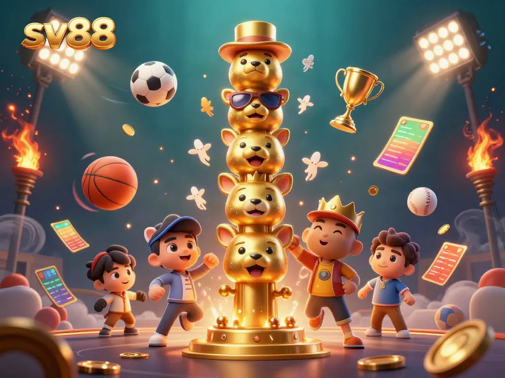 Engage with SV88's dynamic gaming experience featuring a golden totem and vibrant sports elements.