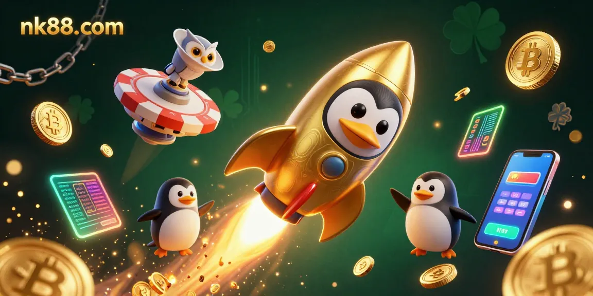 Bet on nk88. com's thrilling experience with a golden penguin embarking on a casino adventure.
