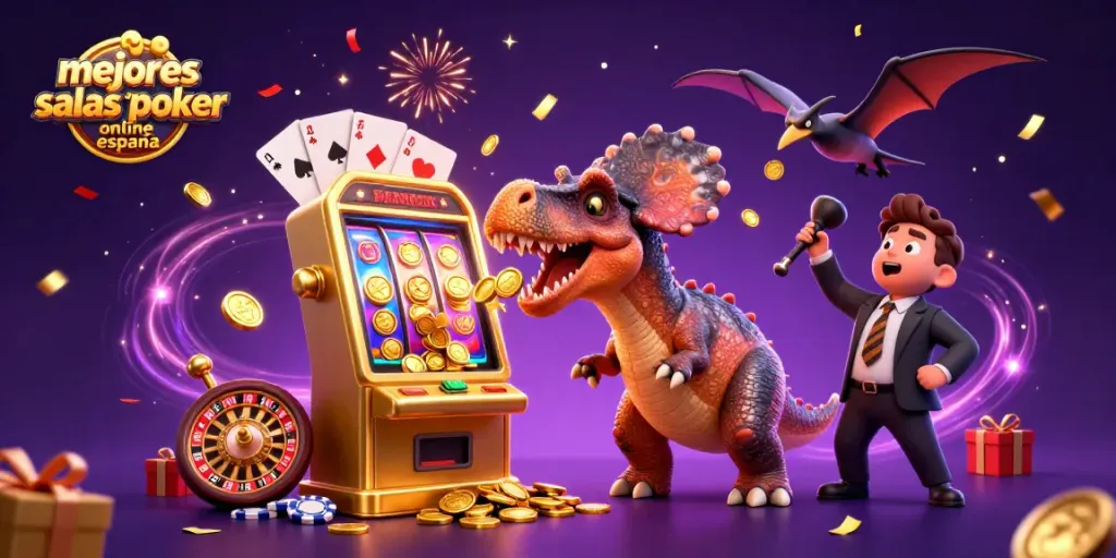 Ilustración de un pachycephalosaurus golpeando una máquina tragamonedas dorada, simbolizando las mejores salas de póker online en España.