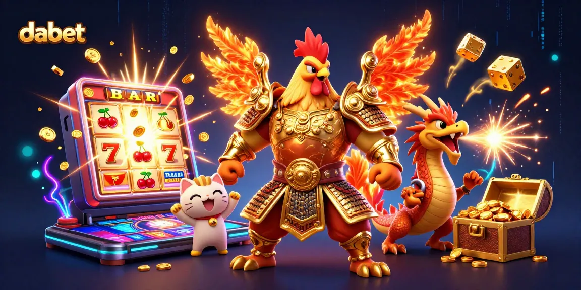 Dabet's engaging casino world features a fierce rooster warrior and a dragon hatchling amid a jackpot slot explosion.