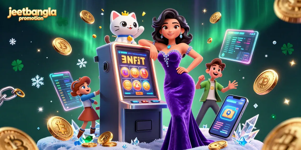 Experience thrilling jeetbangla promotions with engaging visuals of a glam character by a jackpot slot.