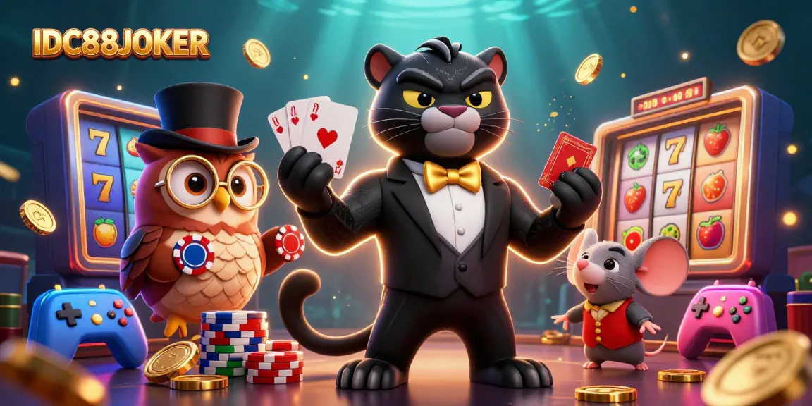 Play and win at IDC88JOKER with stylish characters and vibrant slot games in this exciting scene.