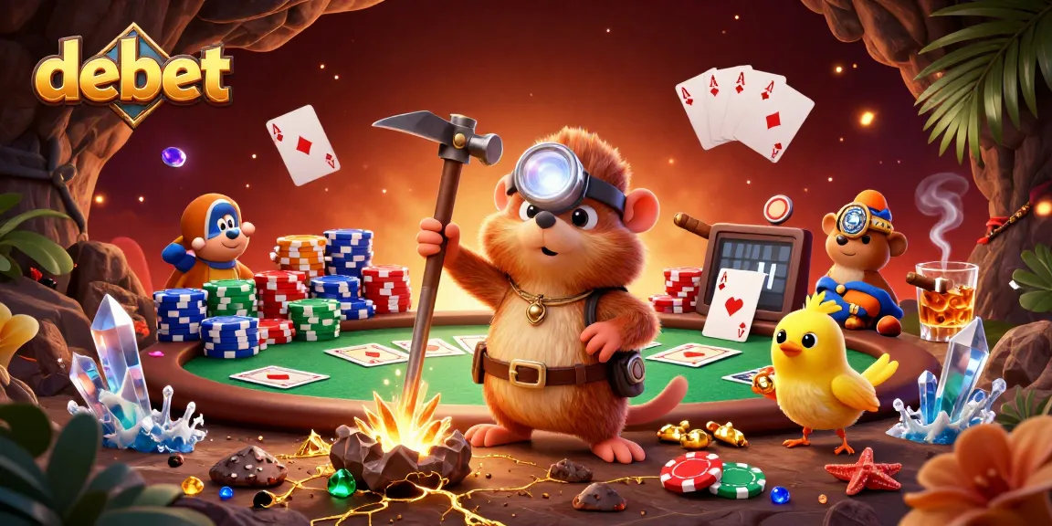 Engage with debet's vibrant poker scene featuring a mole treasure hunter and canary amidst treasures.