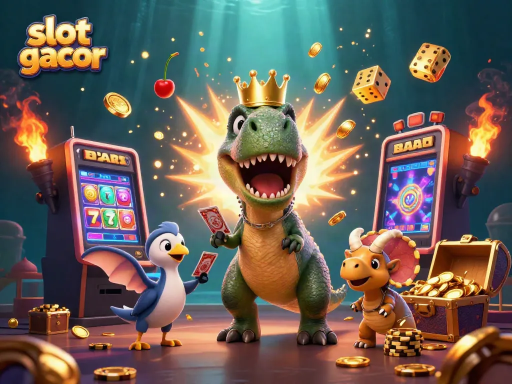 Engage with vibrant slot gacor action featuring a T-Rex at a slot machine, vibrant coins and symbols exploding.