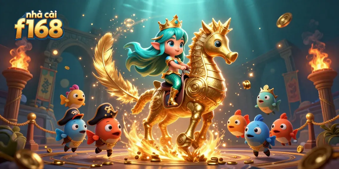 Engage with the dynamic scene of nhà cái f168 featuring a mermaid princess and giant seahorse amidst an exciting gambling atmosphere.