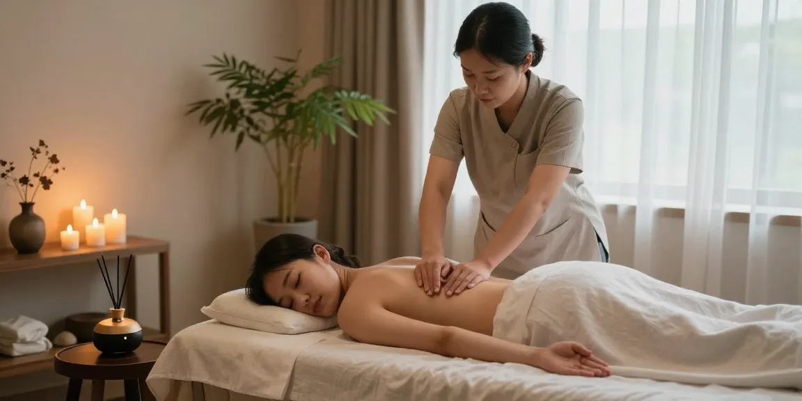 Professional therapist delivering 시흥출장마사지 in a serene spa setting with ambient lighting and natural elements.