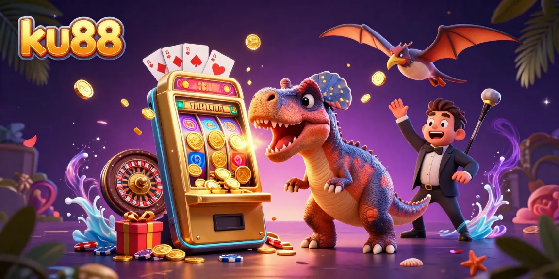 ku88 attracts players with colorful slot jackpots and dynamic casino characters in a vibrant illustration