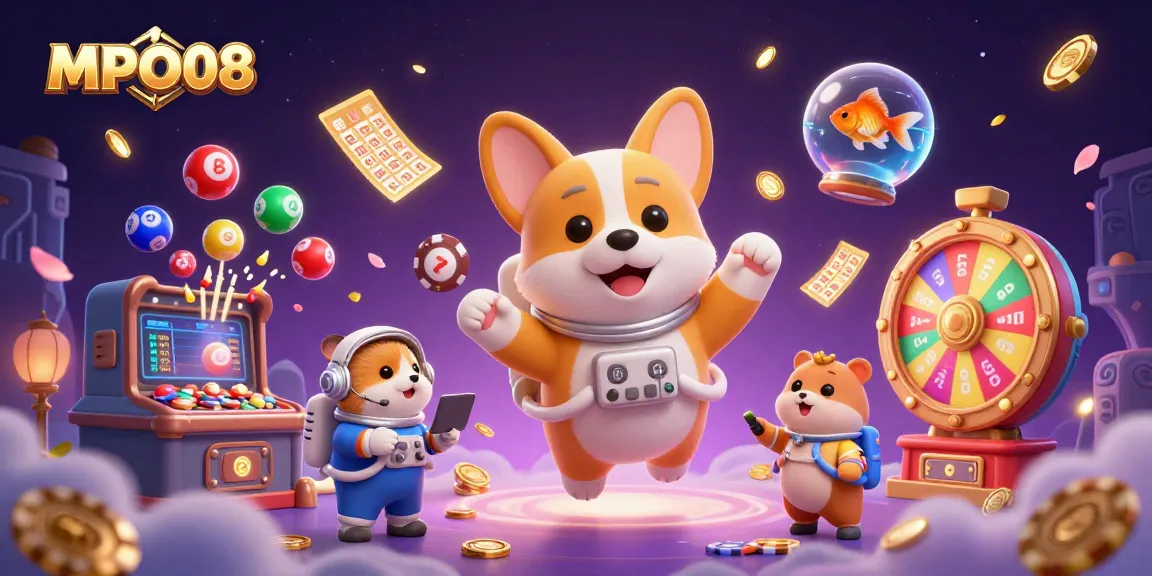 Engage with MPO08, an immersive space casino scene featuring a floating corgi in zero gravity.