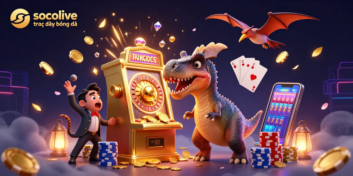 Socolive trực tiếp bóng đá gives a dynamic view of a pachycephalosaurus with a slot machine jackpot amid flying golden coins and casino action.
