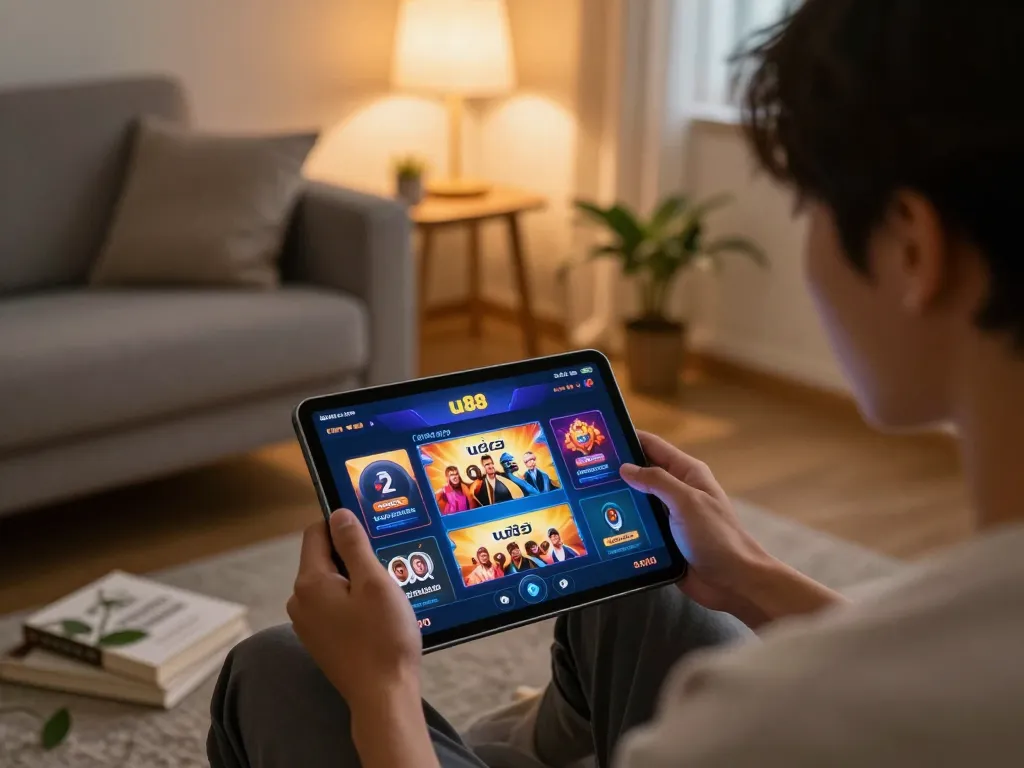 Engaged user exploring nhà cái uu88 casino app on tablet in a cozy setting