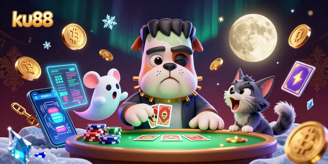 Engage with ku88's vibrant casino scene featuring a dog dealer and crypto elements