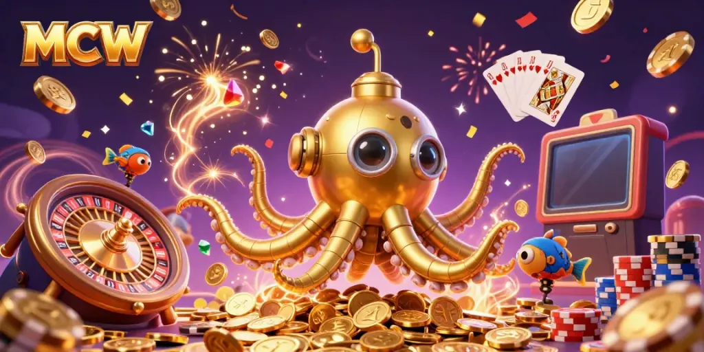 Experience thrilling gameplay at MCW with a cartoon golden kraken submarine among golden coins and casino elements.