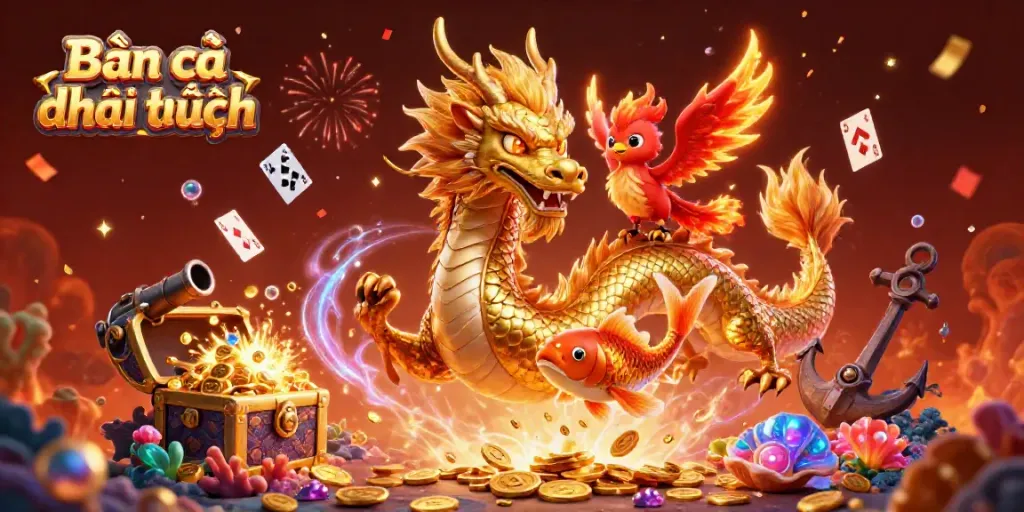 Engage in Bắn cá đổi thưởng with vibrant sea creatures and treasures in this dynamic 3D scene.