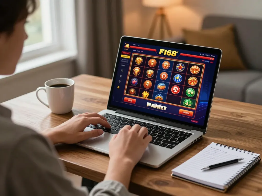 Engaging online gameplay at F168 casino with a player strategizing bets at home