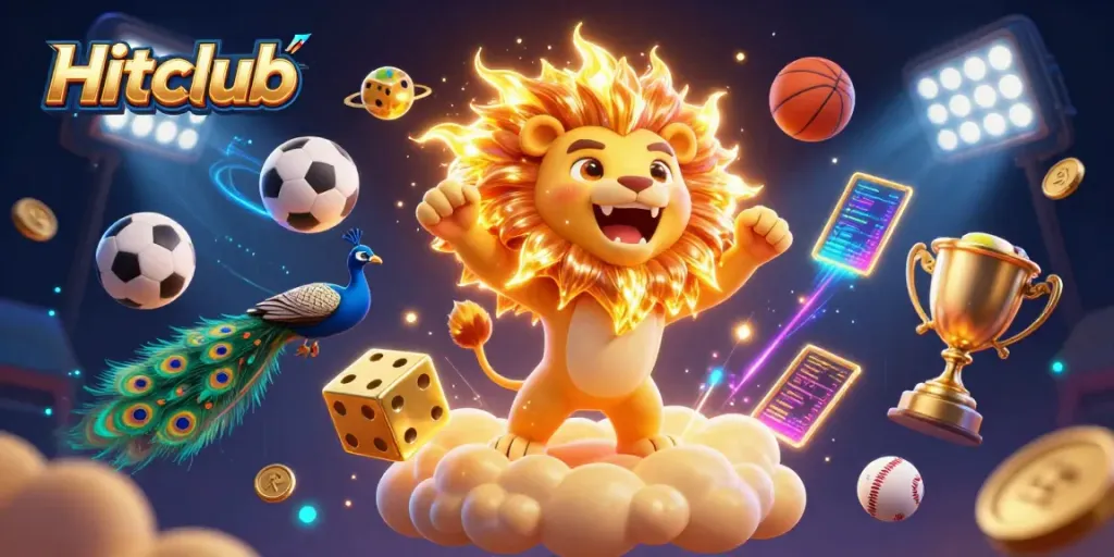 Experience the excitement of Hitclub with a dynamic 3D scene of sports and gambling elements.