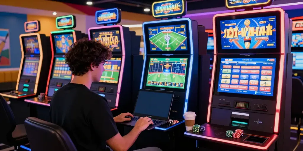 Engaged player on https://five88bet.org/ enjoying online gaming experience with vibrant lights.