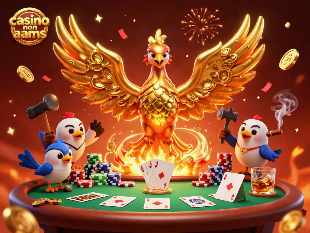 Giocando casino non AAMS con una scena animata di un fenice d'oro e mazzi di chip sul tavolo