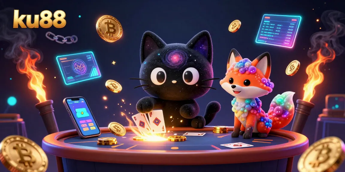 ku88 showcases a cosmic casino scene with a black hole cat and nebula fox attracting digital gold chips.